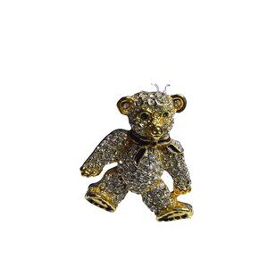 Teddy Bear Rhinestone Brooch Pin Gold-Tone Green Eyes 1.25 inches Vintage